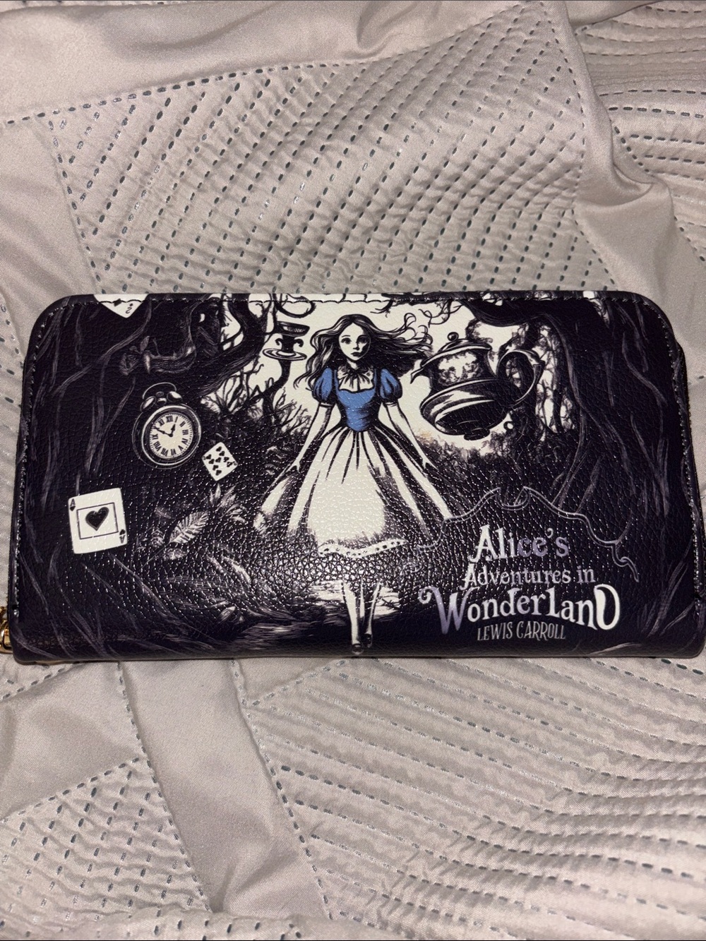 Alice in Wonderland Zip Around Large Wallet - Black & White with Blue Accent